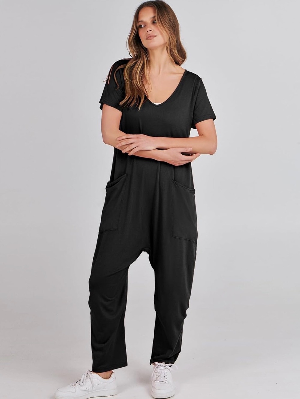 ANRABESS Black Short Sleeve Harem Jumpsuit – Size Medium